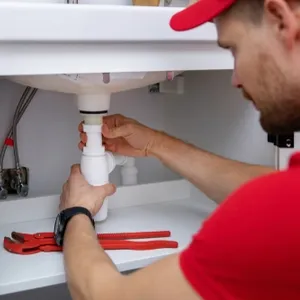 plumber installing sink siphon in domestic bathroom