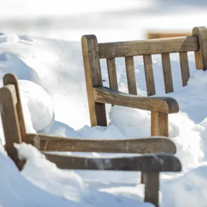 wooden garden chairs covered with snow