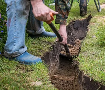 man digs slot in lawn