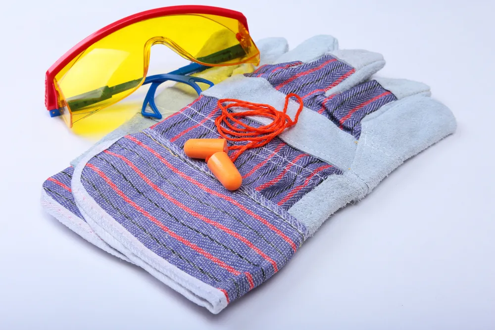safety glasses, ear plugs, and work gloves