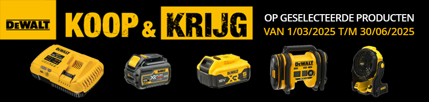 DEWALT KOOP & KRIJG TUIN 2025- cadeaus om uit te kiezen! DEWALT KOOP & KRIJG TUIN 2025 Koop een deelnemende DEWALT tuinmachine en kies een cadeau na succesvolle registratie!