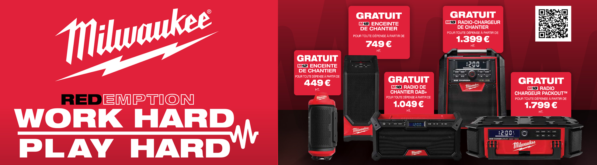 Work Hard, Play Hard Milwaukee REDemption 2026 - Achetez des produits Milwaukee et recevez une radio ou une enceinte gratuite